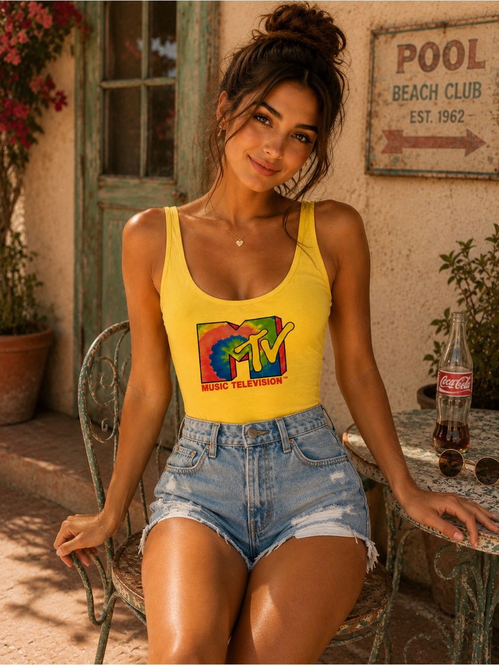 MTV Yellow Tie-Dye Logo One-Piece Swimsuit XL new with out tags